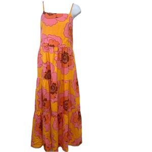 Gap Linen Blend Floral Tiered Maxi Sundress Pink Yellow Smocked Pockets Small